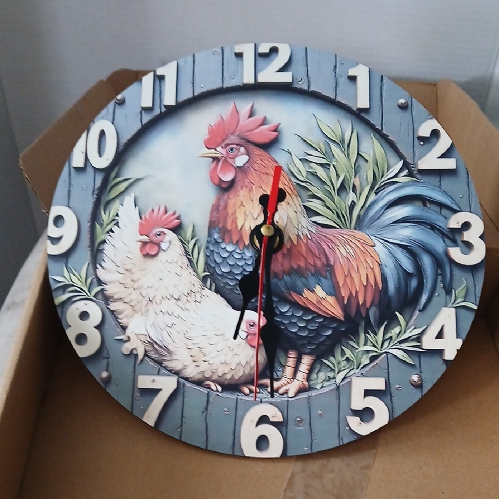 Country Rooster & Hen Wall Clock - Blue, Cream & Orange